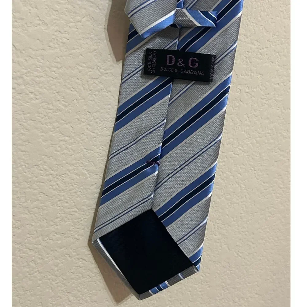 Dolce & Gabbana Tie Silver Blue Stripes Silk Necktie Designer Luxury Formal